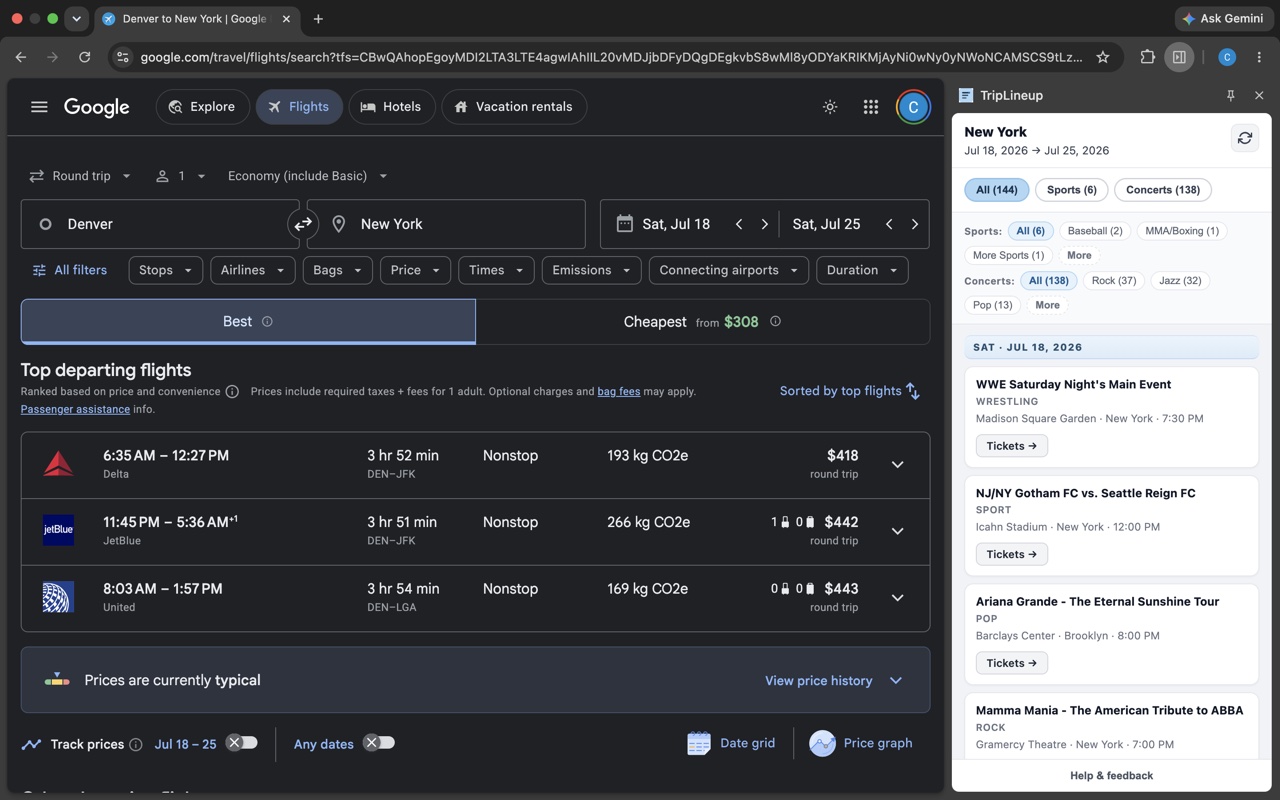 The TripLineup side panel open next to a Google Flights search, listing destination events grouped by date with ticket links when available.